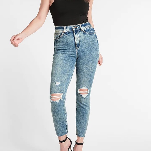 Express Denim - Super High Waisted Medium Wash Ripped Slim Jeans